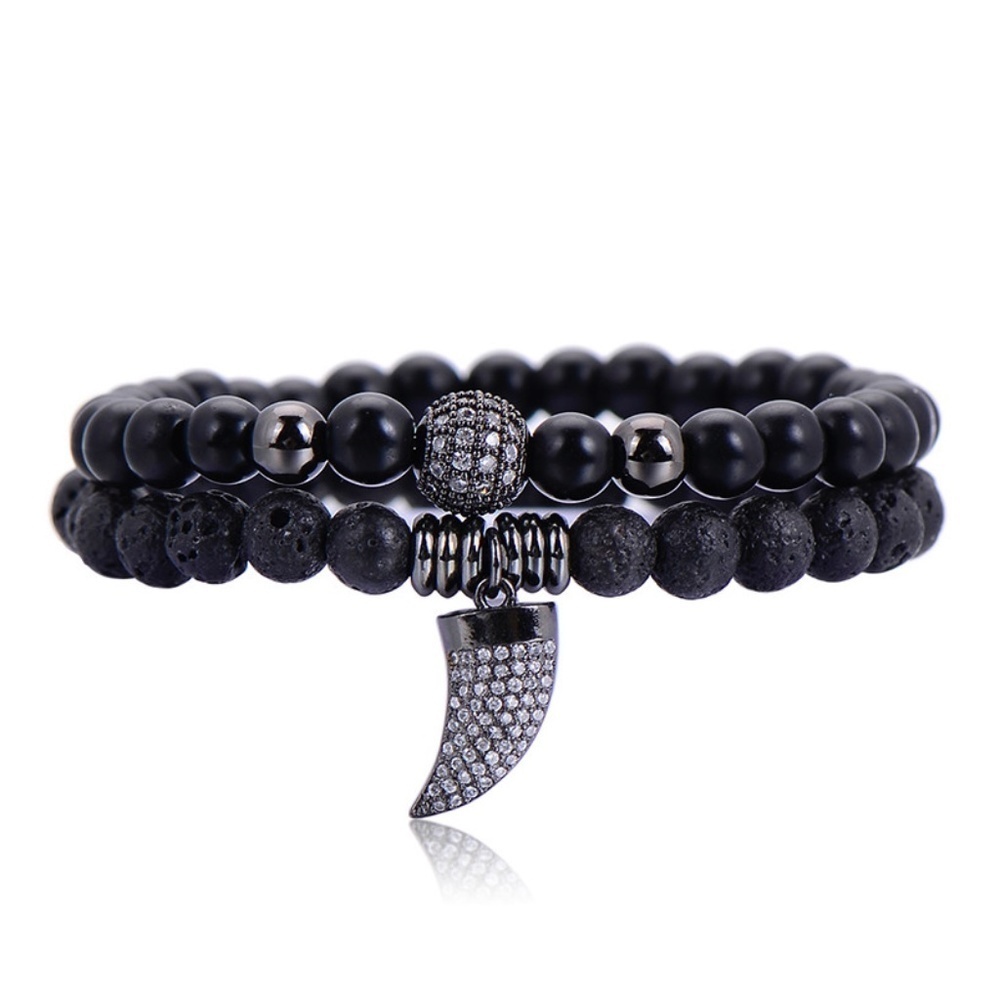 Black Beaded Bracelet Set – Lava Rock & Crystal Claw Charm - Giftable